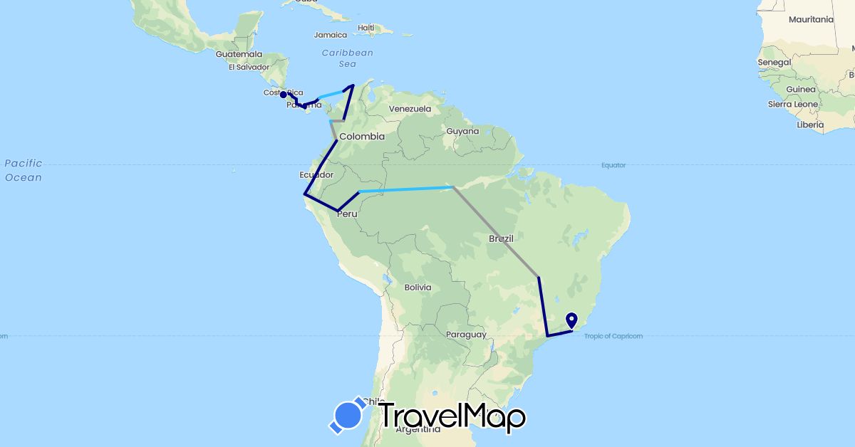 TravelMap itinerary: driving, plane, boat in Brazil, Colombia, Costa Rica, Ecuador, Panama, Peru (North America, South America)