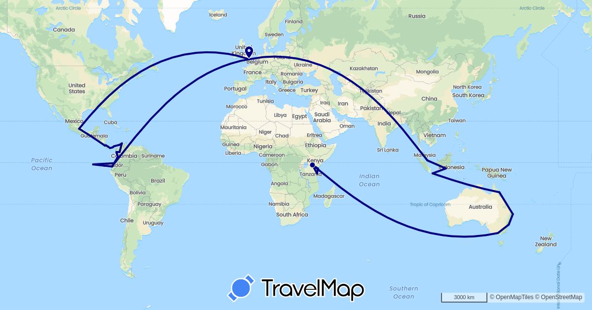 TravelMap itinerary: driving in Australia, Colombia, Costa Rica, Ecuador, United Kingdom, Indonesia, Kenya, Mexico, Panama, Singapore, Tanzania (Africa, Asia, Europe, North America, Oceania, South America)